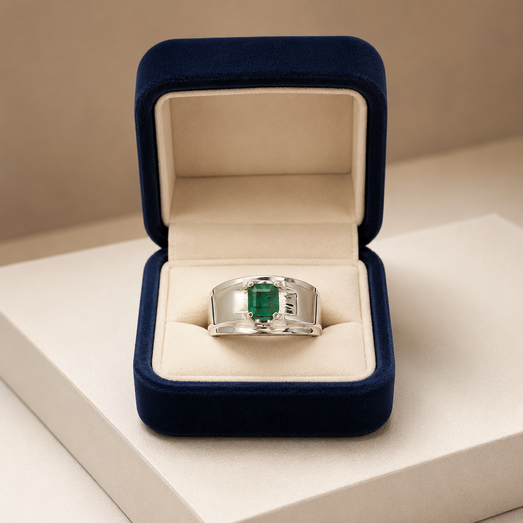 AstroGems Natural 4-Carat Grade 1 Emerald Men's Ring - Sterling Silver