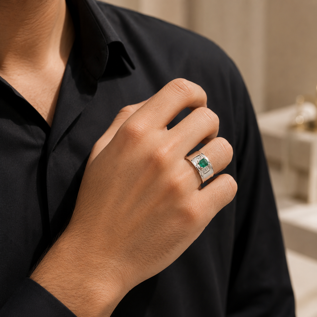AstroGems Natural 4-Carat Grade 1 Emerald Men's Ring - Sterling Silver