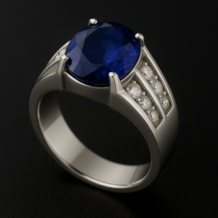 Men’s 10ct Natural Blue Sapphire Ring – Certified Grade 1 in Sterling Silver