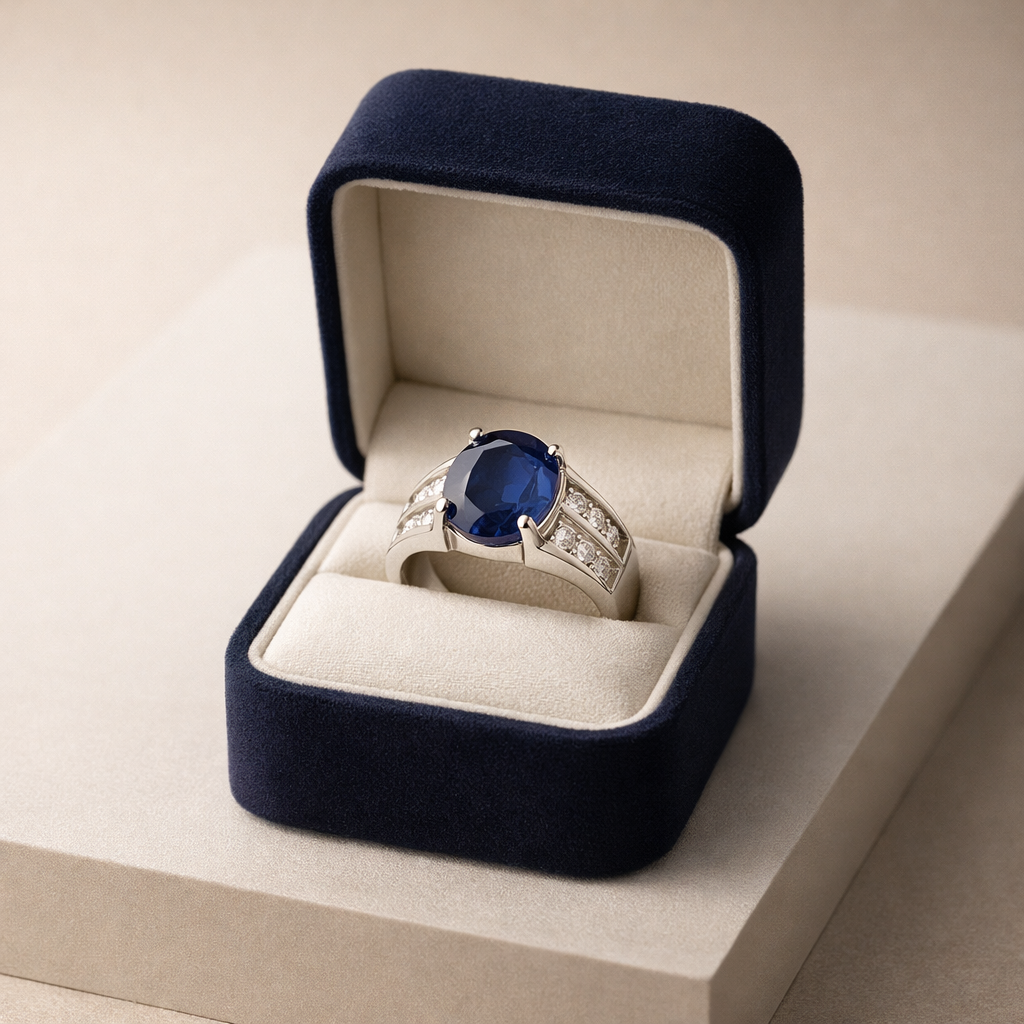 Men’s 10ct Natural Blue Sapphire Ring – Certified Grade 1 in Sterling Silver