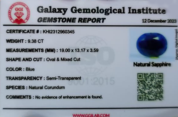 Unheated Kashmir Blue Sapphire 9.38 CT