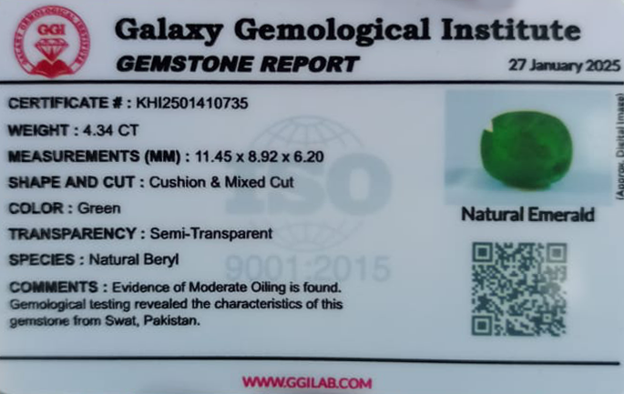 Premium 4.34 ct Untreated Swat Emerald